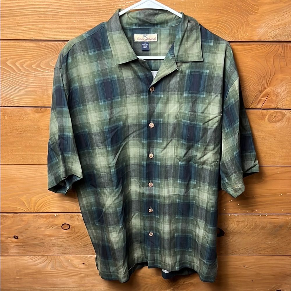 TOMMY BAHAMA Men's Md Green Plaid Hawaiian Short Sleeves Summer‎ 100% Silk Shirt